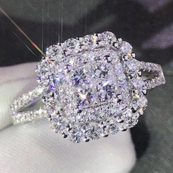 NEW 925 STERLING SILVER DIAMOND HALO SQUARE RING, CUTE RING, SHINY RING.